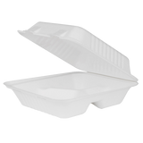 8''x8'' Compostable Bagasse Hinged Containers - 3 Compartments - 200 ct