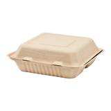 9'' x 9'' Natural Compostable Bagasse Hinged Containers, 3 Compartments - 200 ct