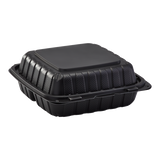 8'' x 8" Black PP Plastic Hinged Container, 3 compartment - 250 ct
