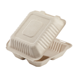 8'' x 8'' Compostable Bagasse Hinged Containers, 3 Compartments - 200 ct