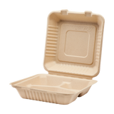 9'' x 9'' Natural Compostable Bagasse Hinged Containers, 3 Compartments - 200 ct