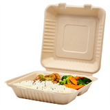 9'' x 9'' Natural Compostable Bagasse Hinged Containers, 3 Compartments - 200 ct