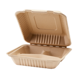 9'' x 9'' Natural Compostable Bagasse Hinged Containers, 3 Compartments - 200 ct
