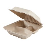 8'' x 8'' Compostable Bagasse Hinged Containers, 3 Compartments - 200 ct
