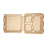 9'' x 9'' Natural Compostable Bagasse Hinged Containers, 3 Compartments - 200 ct