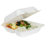 8''x8'' Compostable Bagasse Hinged Containers - 3 Compartments - 200 ct