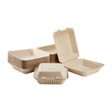 8'' x 8'' Compostable Bagasse Hinged Containers, Natural - 200 ct