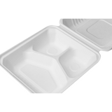 8''x8'' Compostable Bagasse Hinged Containers - 3 Compartments - 200 ct