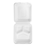 8''x8'' Compostable Bagasse Hinged Containers - 3 Compartments - 200 ct
